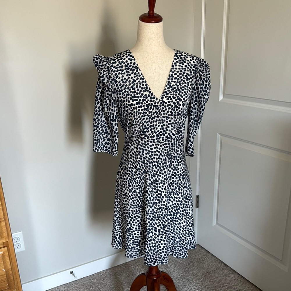 Saloni Colette Silk Crepe De Chine Navy Painterly Mini Dress Women’s US 10 - Picture 2 of 11